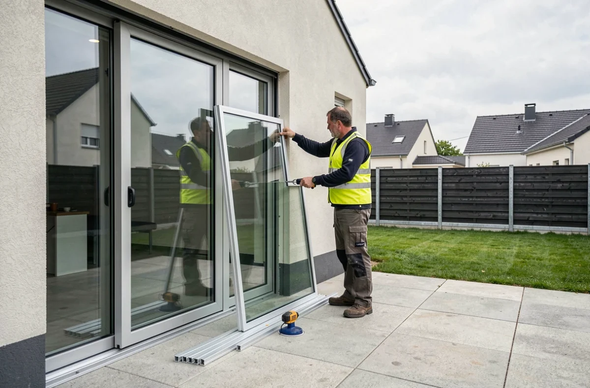 Poseur de menuiseries extérieures installant une baie vitrée aluminium sur une maison en Seine-Saint-Denis