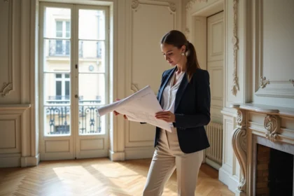 Décoratrice intérieure consultant des échantillons de tissu dans un salon haussmannien avec parquet en point de Hongrie et moulures au plafond