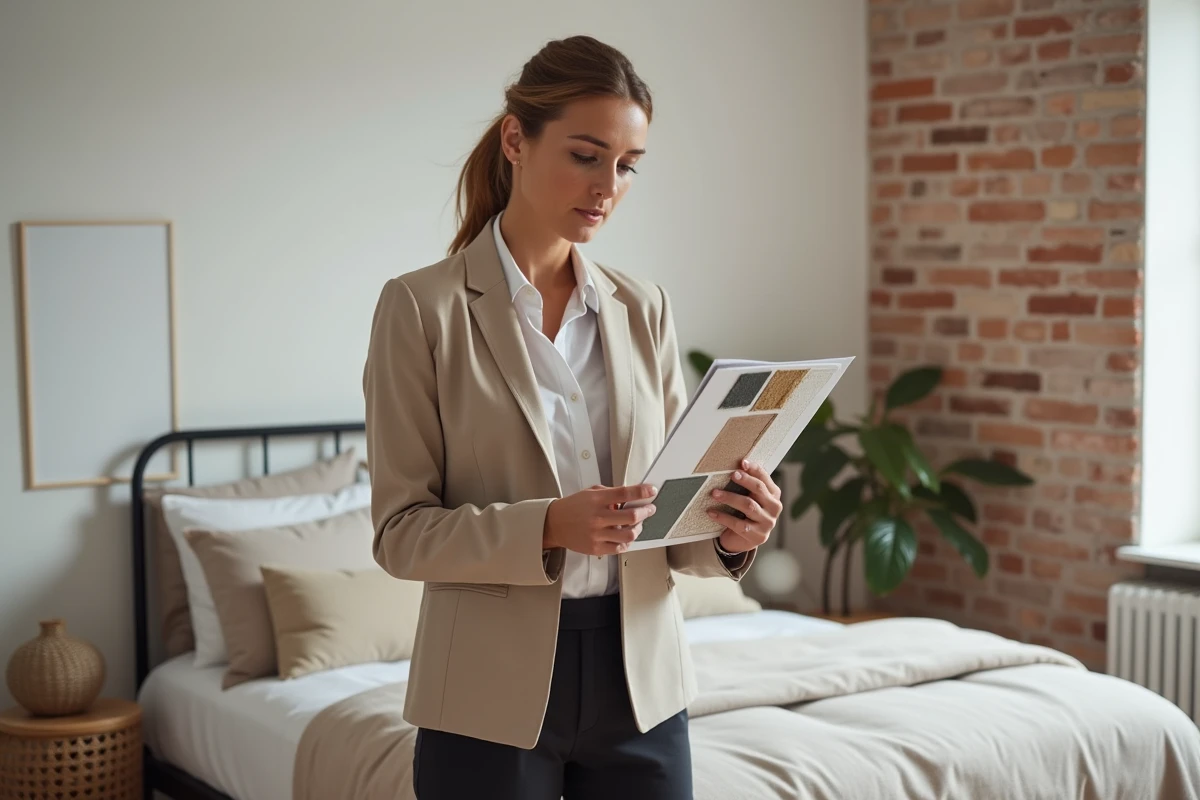 Décoratrice d'intérieur professionnelle présentant des échantillons de tissus dans une chambre meublée à Lille