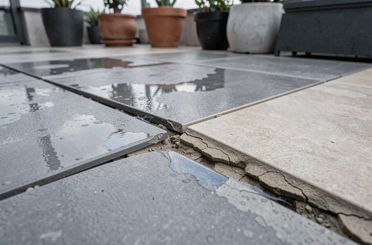 Défauts de jointoiement carrelage extérieur avec joints irréguliers et fissures après la pluie