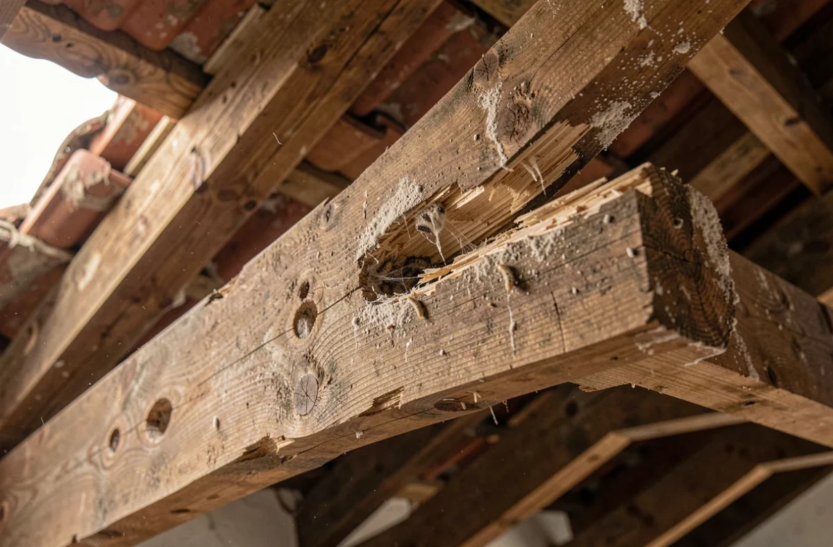 Galeries et trous de sortie causés par le capricorne des maisons dans une poutre de charpente en combles