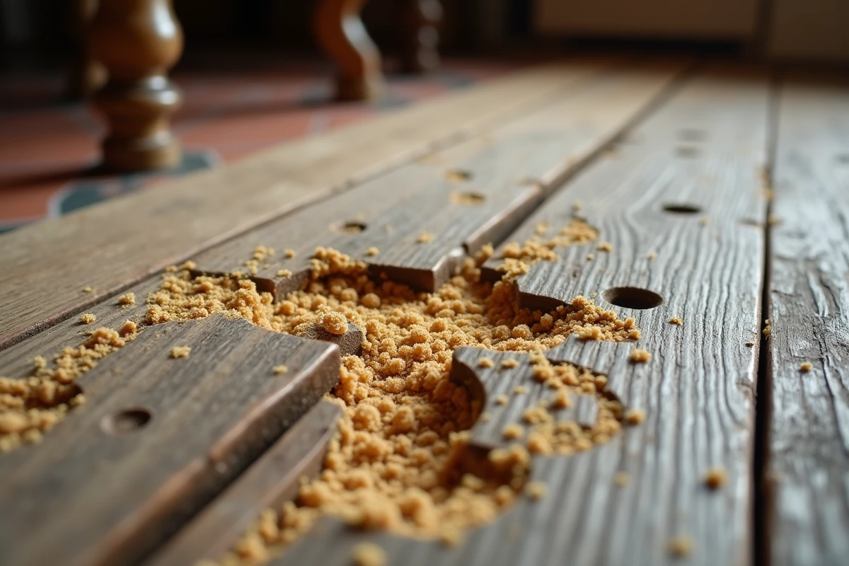 Gros plan sur des galeries et trous de sortie de mites du bois dans un parquet en chêne ancien