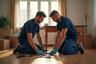 Deux hommes en uniforme démontent une table en bois dans un salon lumineux