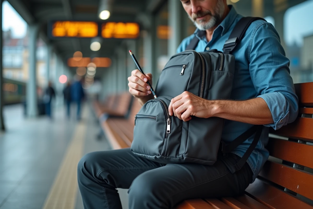 Homme utilisant un crayon pour débloquer une fermeture éclair bloquée en bas d'un sac à dos en gare