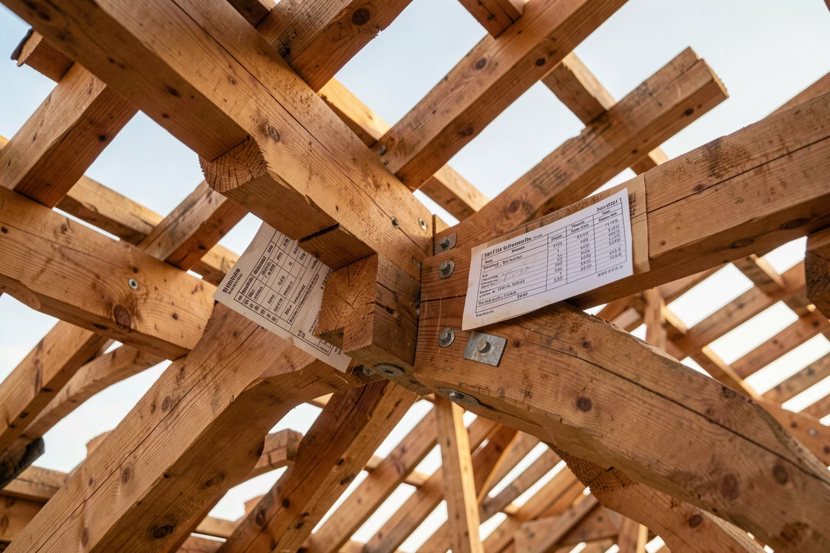 Détail de charpente en bois avec un devis de toiture glissé entre les poutres sur un chantier