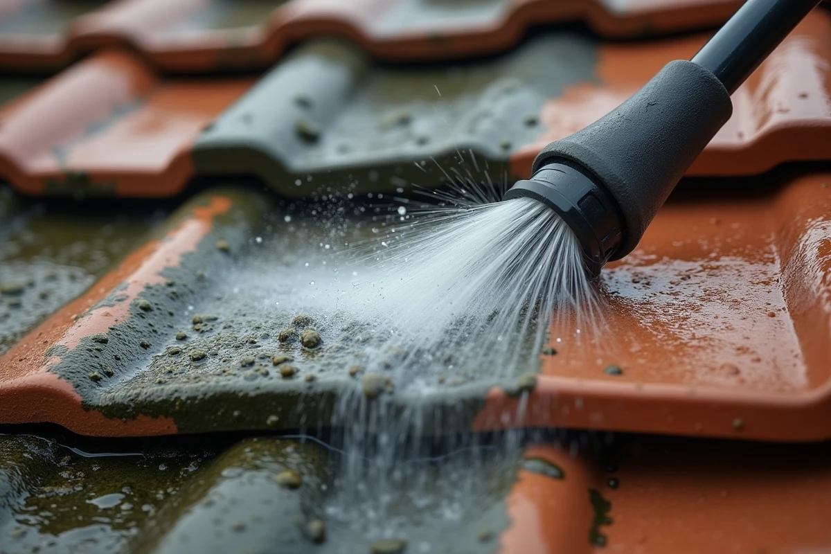 Gros plan sur le nettoyage haute pression de tuiles de toit avec un Karcher, montrant la différence entre la zone nettoyée et la zone encore couverte de mousse
