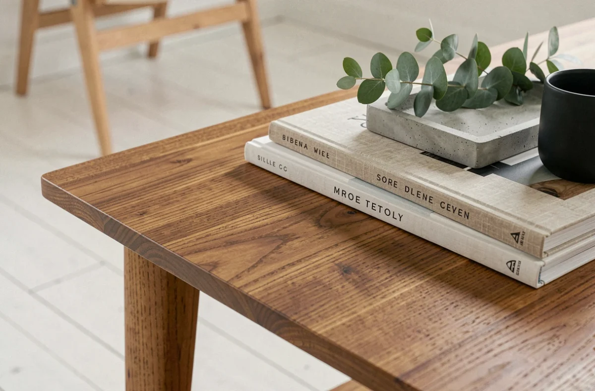 Gros plan sur une table basse en teck massif avec accessoires de décoration scandinave en céramique et livres design