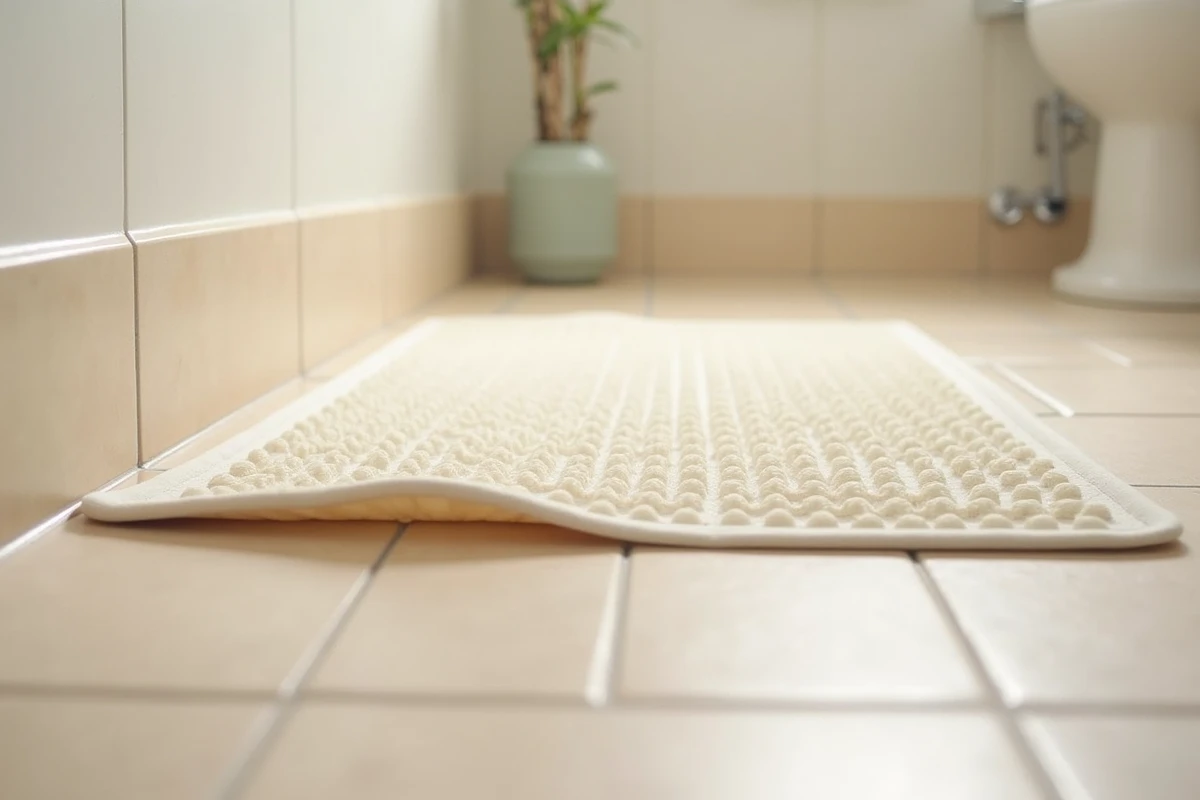 Détail des ventouses antidérapantes sous un tapis de bain en coton chenille sur carrelage beige dans une salle de bains en location