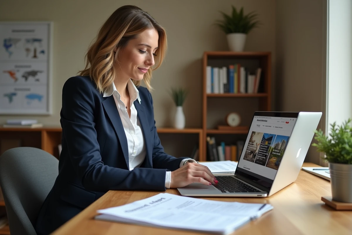 Femme consultant des devis de matériaux de construction sur ordinateur avant de réserver des travaux