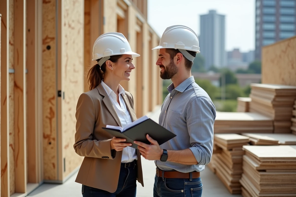 Managerie de chantier discutant de materiaux durables