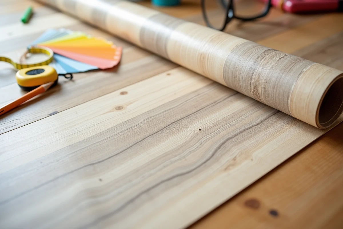 Échantillon de rouleau PVC pour sol de chambre d'enfant avec texture bois et accessoires de mesure sur table en chêne