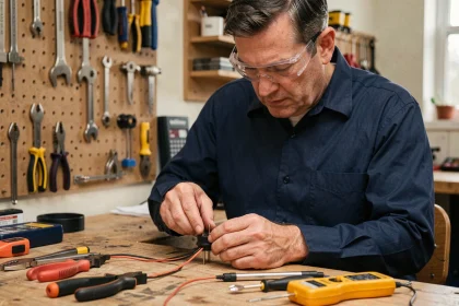 Électricien professionnel câblant une prise mâle sur un établi d'atelier avec des outils électriques