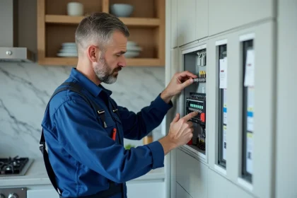 Électricien homme en overalls examine un panneau électrique moderne dans une cuisine