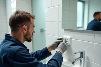 Électricien installant une prise électrique IP44 dans une salle de bain carrelée blanche