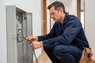 Électricien professionnel en uniforme travaillant sur un tableau électrique dans un couloir rénové, illustration d'une mission trouvée via une plateforme de mise en relation pour artisans