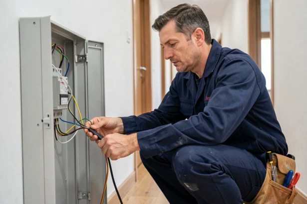 Électricien professionnel en uniforme travaillant sur un tableau électrique dans un couloir rénové, illustration d'une mission trouvée via une plateforme de mise en relation pour artisans
