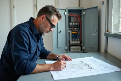 Électricien consultant un schéma GTL pour organiser le tableau électrique et les arrivées de câbles