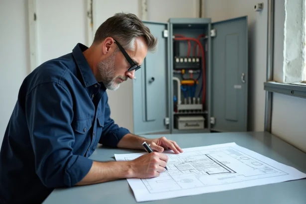 Électricien consultant un schéma GTL pour organiser le tableau électrique et les arrivées de câbles