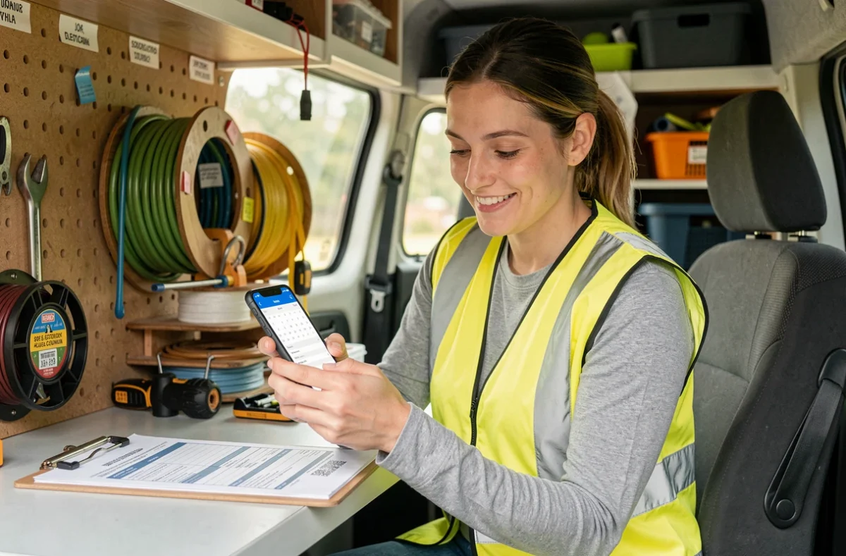 Électricienne indépendante consultant son planning de chantiers sur smartphone depuis son véhicule utilitaire, illustration de la gestion de missions via TravauxNow