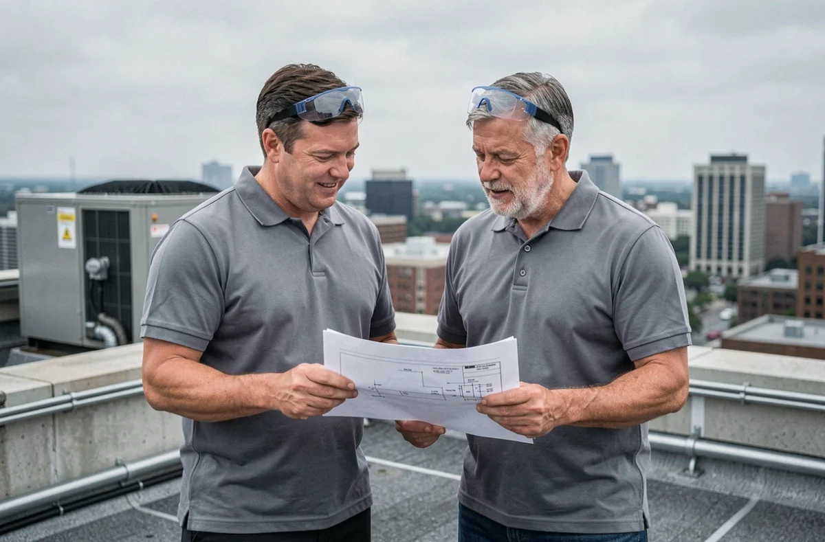 Deux électriciens professionnels en discussion sur un chantier de toiture commerciale, illustration du travail en équipe et de l'accès à des missions via une plateforme spécialisée