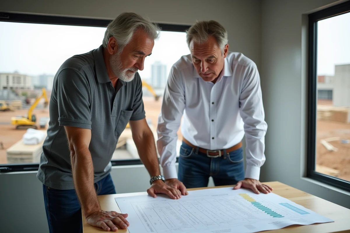 Entrepreneur et client examinant ensemble un devis de chantier détaillé dans un bureau de site