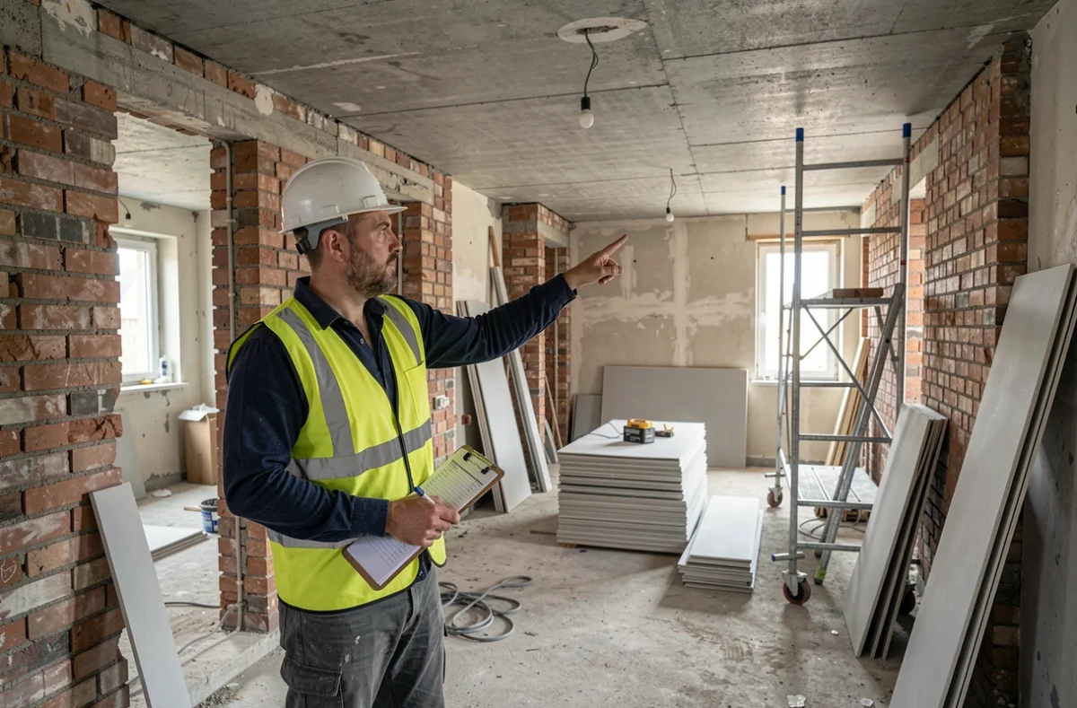 Entrepreneur en bâtiment inspectant un chantier de rénovation avec checklist pour garantir la qualité des travaux