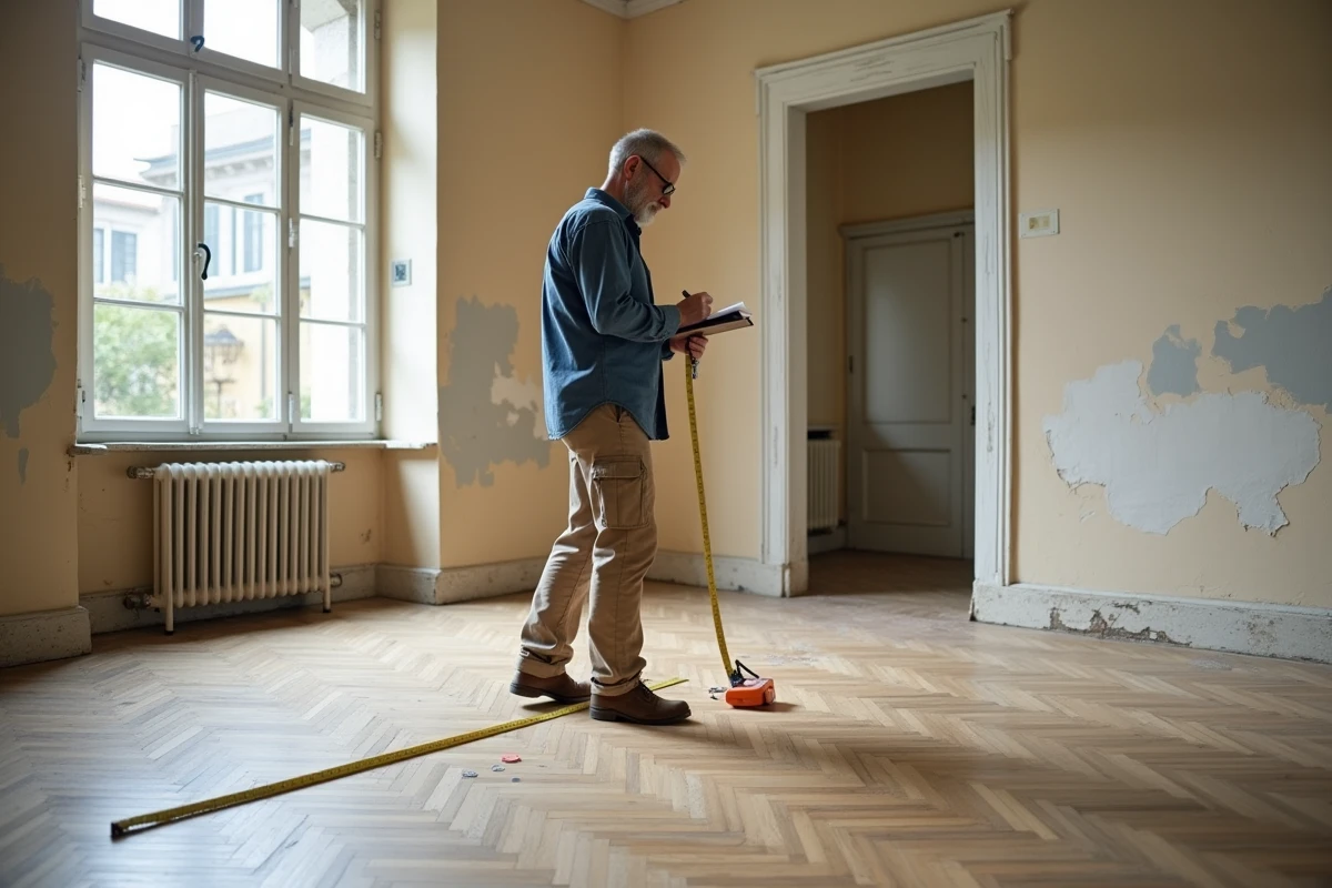 Entrepreneur en rénovation prenant des mesures au sol dans un appartement vide avec un mètre ruban