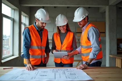 Professionnels de la construction examinant des plans numériques