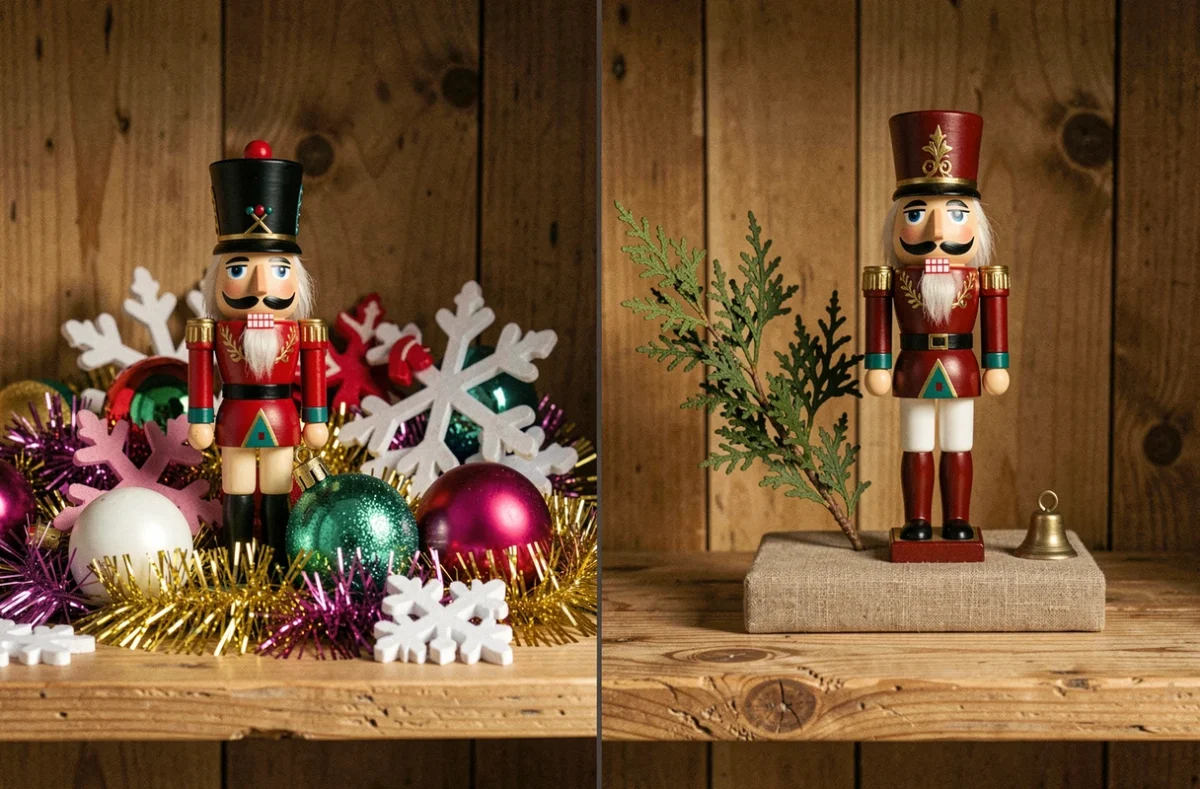 Comparaison de deux décorations de Noël avec casse-noisette : erreur de décoration avec ornements clinquants versus version élégante et épurée