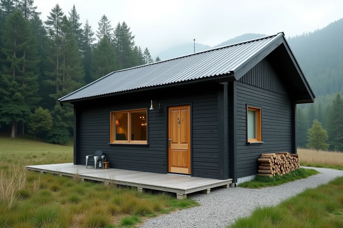 Extérieur d'un petit chalet en bois de 20m2 avec terrasse couverte et rangement bûches en forêt