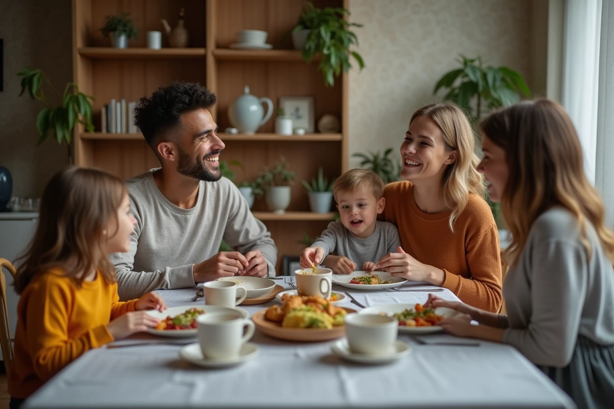 Famille de quatre partageant un dîner convivial à la maison