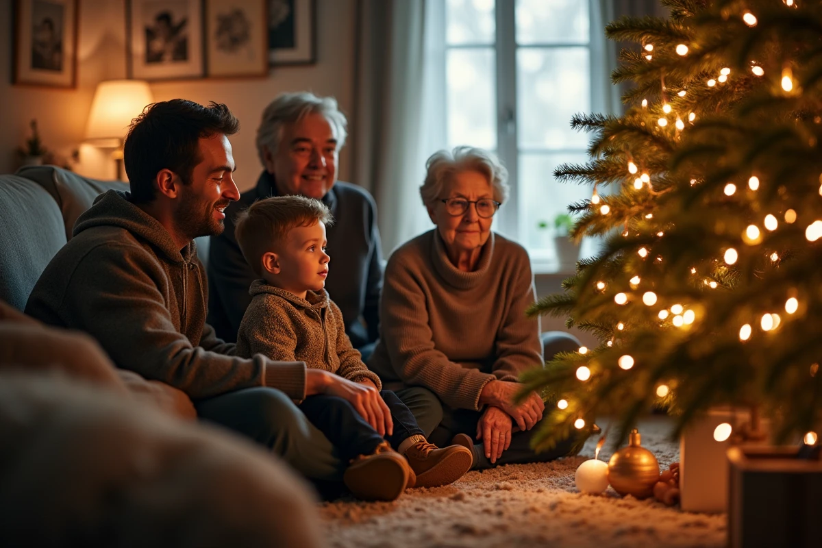 Famille réunie autour du sapin de Noël avec guirlande lumineuse