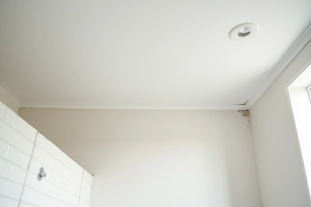Faux plafond en plâtre terminé dans une salle de bain rénovée après sinistre dégâts des eaux