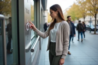Jeune femme touchant des signes tactiles devant une entrée accessible