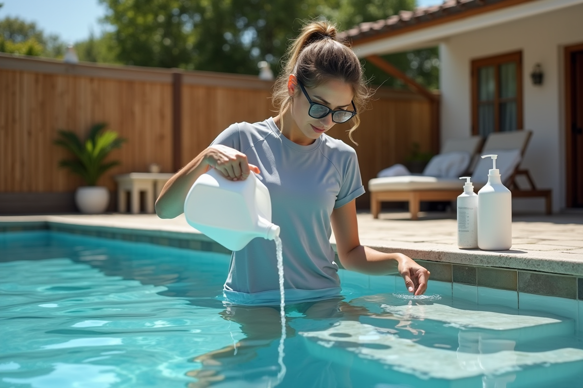 Femme versant du chlore dans la piscine extérieure
