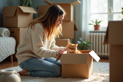 Jeune femme réconfortant un chat dans un appartement en déménagement