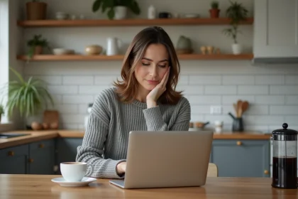 Femme consultant des avis en ligne sur Chaufferapide depuis son ordinateur portable dans une cuisine moderne