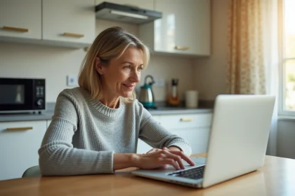 Femme consultant un calculateur de consommation électrique en euros sur son ordinateur portable dans sa cuisine moderne