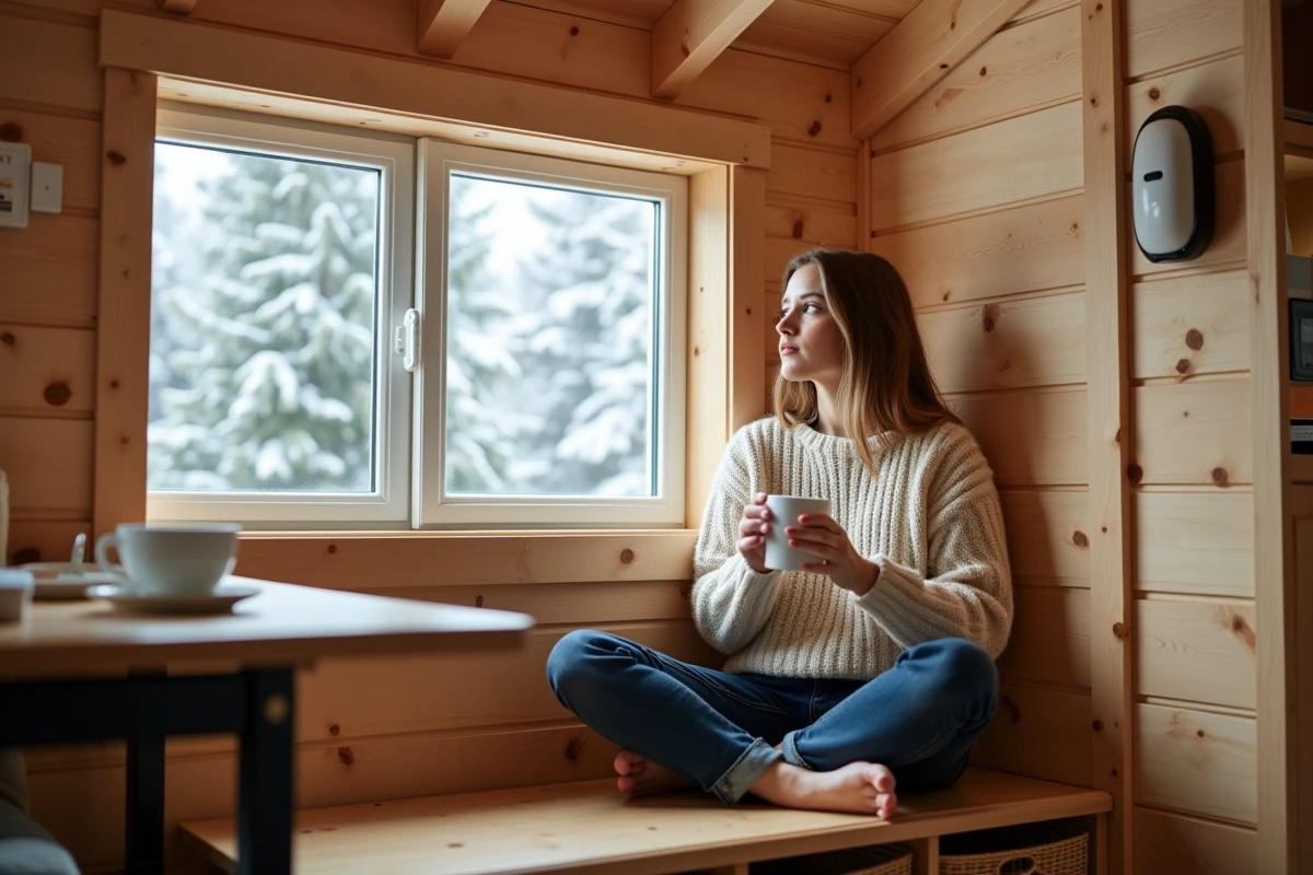 Femme assise dans un petit chalet en bois optimisé avec rangements intégrés et table rabattable