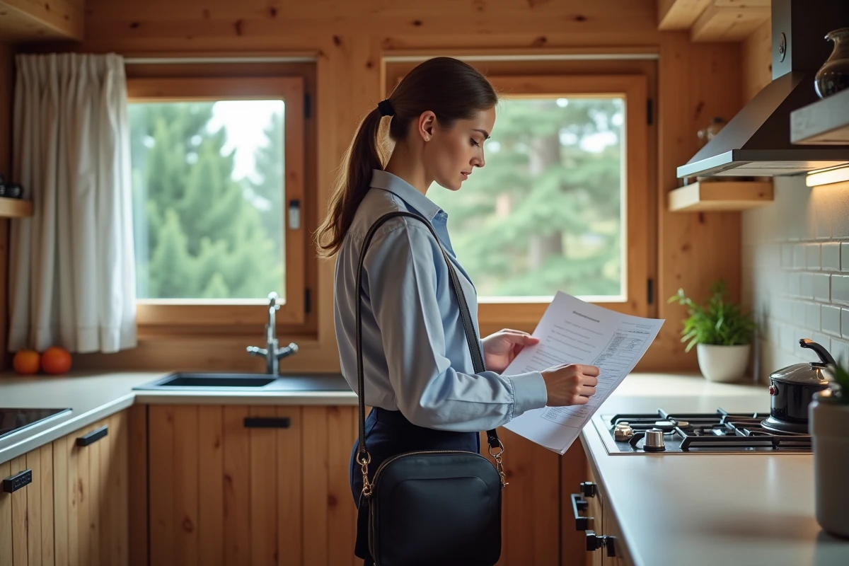 Jeune femme inspectant dossier dans cuisine moderne chalet