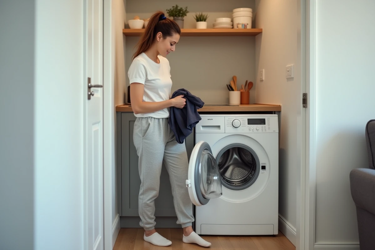 Jeune femme chargeant son lave-linge compact dans un petit appartement studio