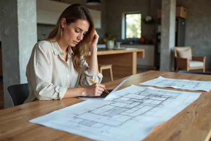 Femme consultant des plans architecturaux sur une grande table en bois dans un espace de vie contemporain
