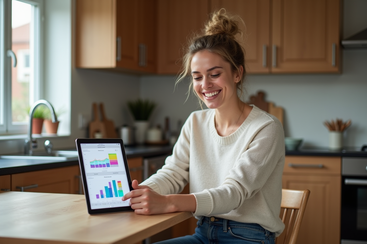 Femme souriante regardant un tableau de consommation piscine
