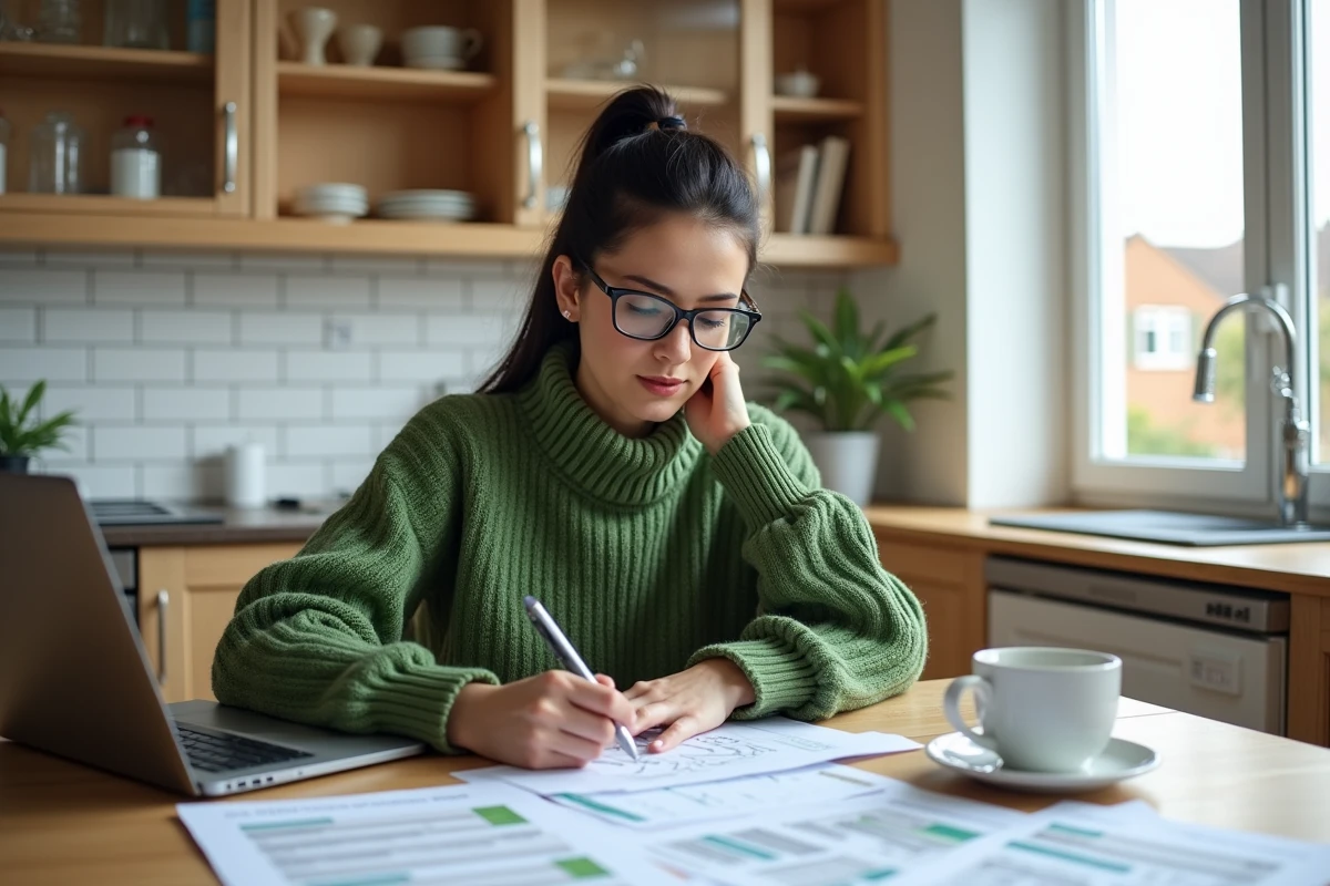 Femme consultant des documents d'audit énergétique et des aides gouvernementales sur ordinateur portable dans une cuisine moderne