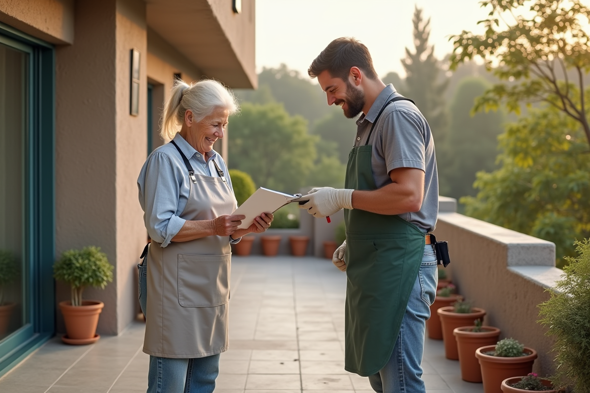 Femme âgée vérifiant une checklist avec un peintre