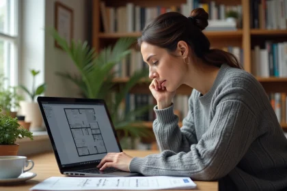 Femme débutante utilisant un logiciel de plan de maison Kazaplan sur un ordinateur portable dans un bureau à domicile