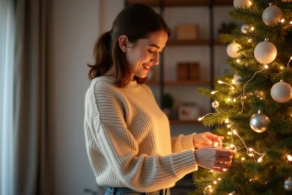 Jeune femme arrangeant une guirlande lumineuse sur un sapin de Noël