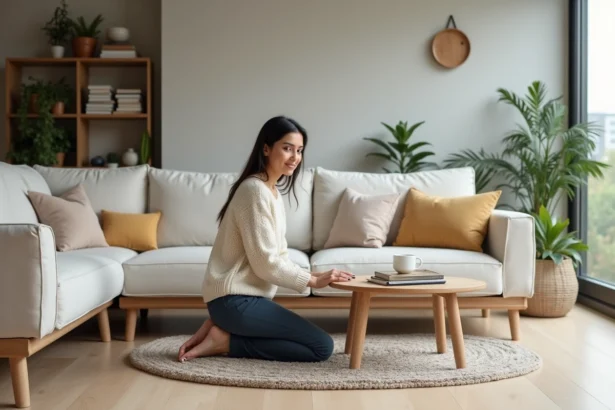 Femme arrangeant des coussins sur un canapé moderne dans un salon lumineux