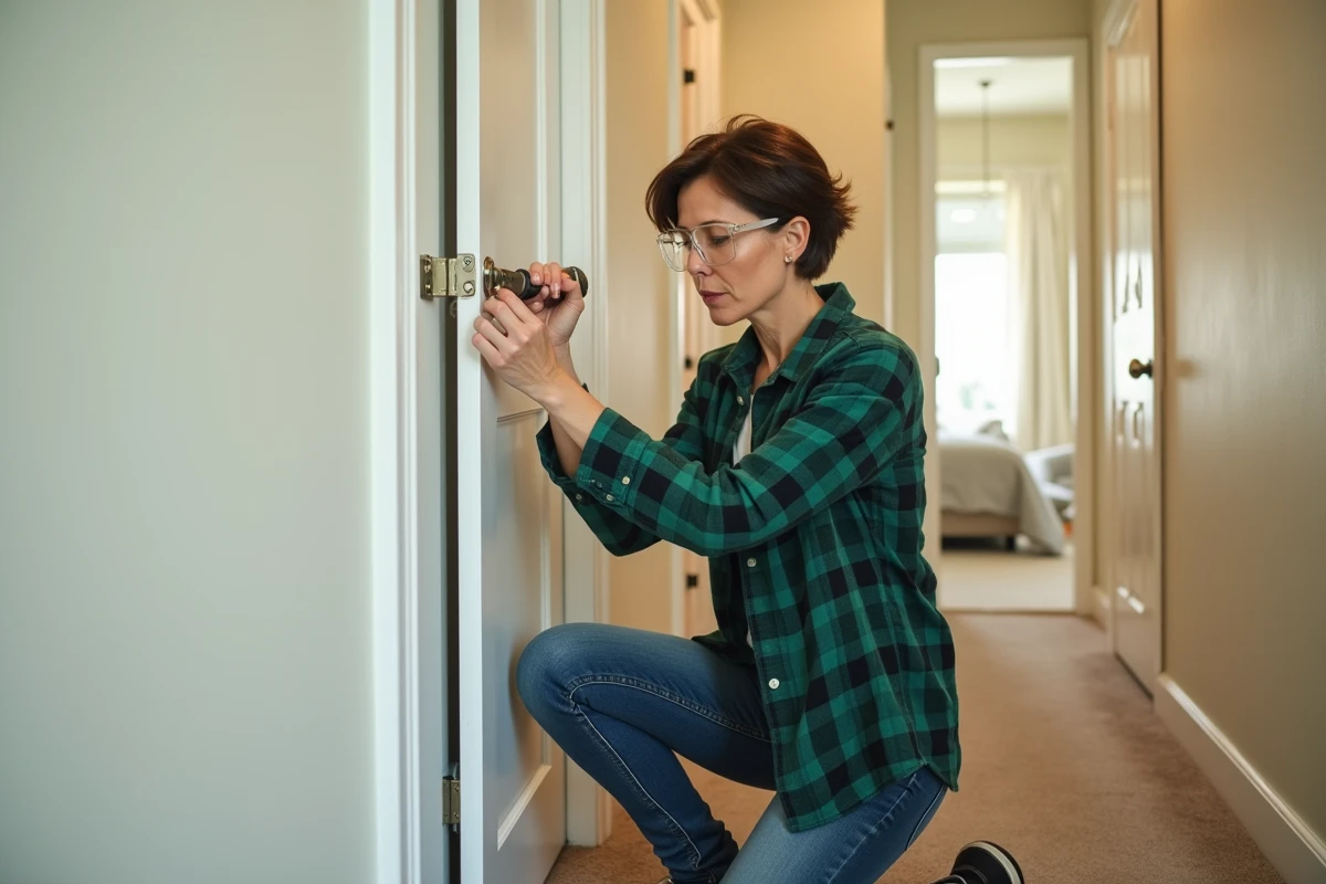 Femme utilisant un tournevis pour dévisser une charnière de porte dans un couloir de maison