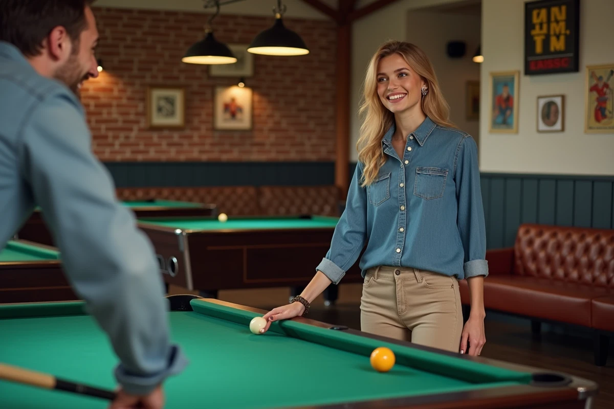 Jeune femme souriante discutant au billard avec un ami